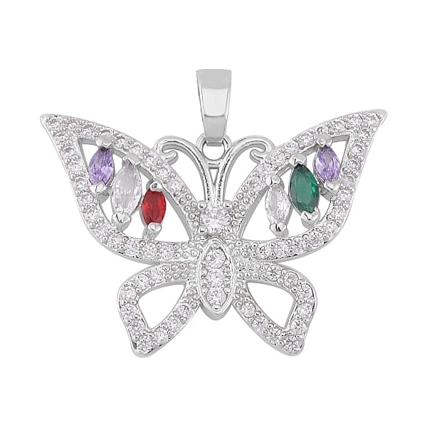 Shop Lc Simulated Multi Color Diamond 7.30 Ctw Set Of 3 Butterfly Snake And Rabbit Pendant Without Chain In Silvertone