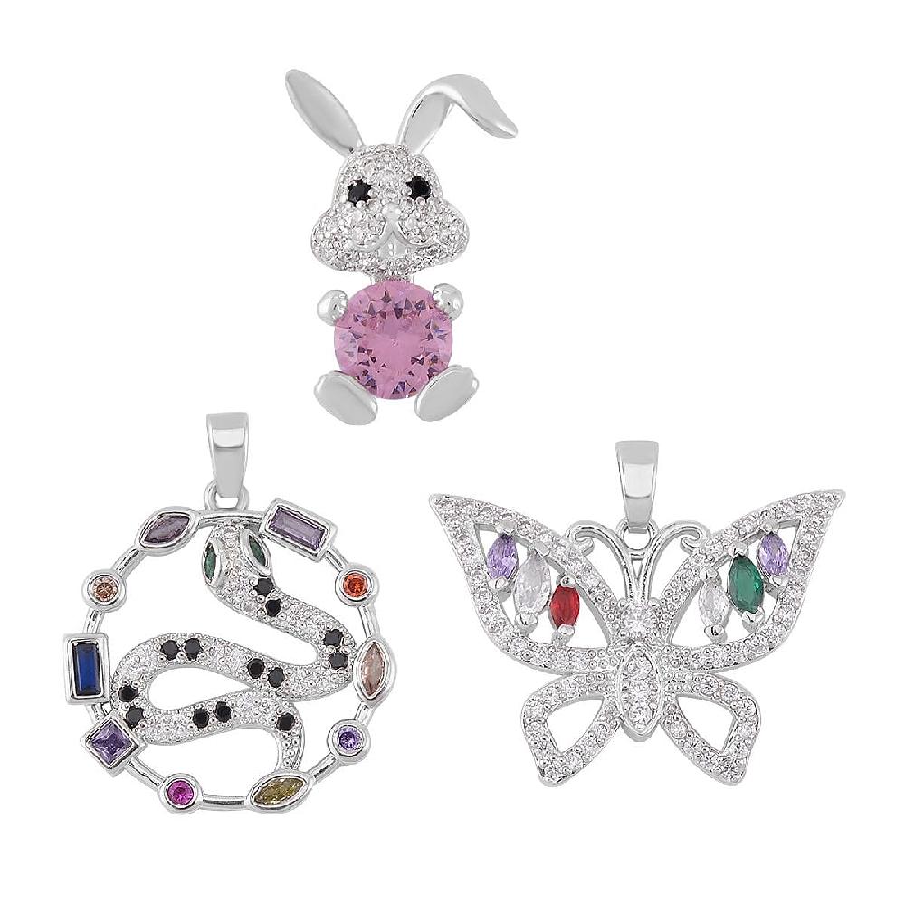 shop lc Simulated Multi Color Diamond 7.30 ctw Set of 3 Butterfly Snake and Rabbit Pendant without Chain in Silvertone