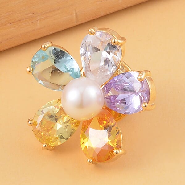 Shop Lc Simulated Multi Color Diamond And White Freshwater Pearl Floral Brooch In Goldtone