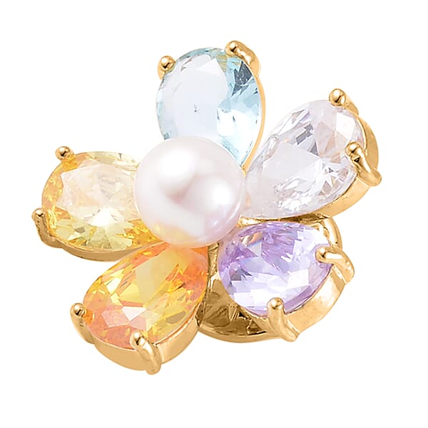 Shop Lc Simulated Multi Color Diamond And White Freshwater Pearl Floral Brooch In Goldtone