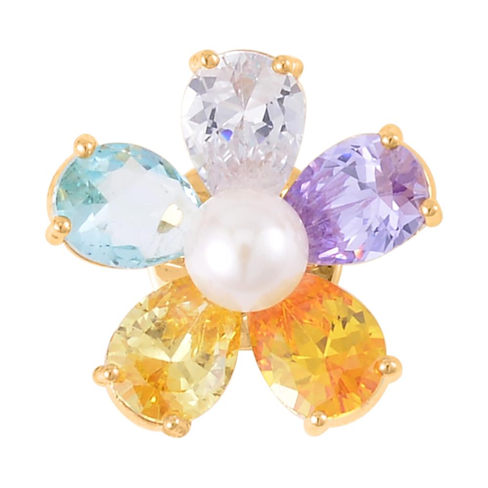 shop lc Simulated Multi Color Diamond and White Freshwater Pearl Floral Brooch in Goldtone
