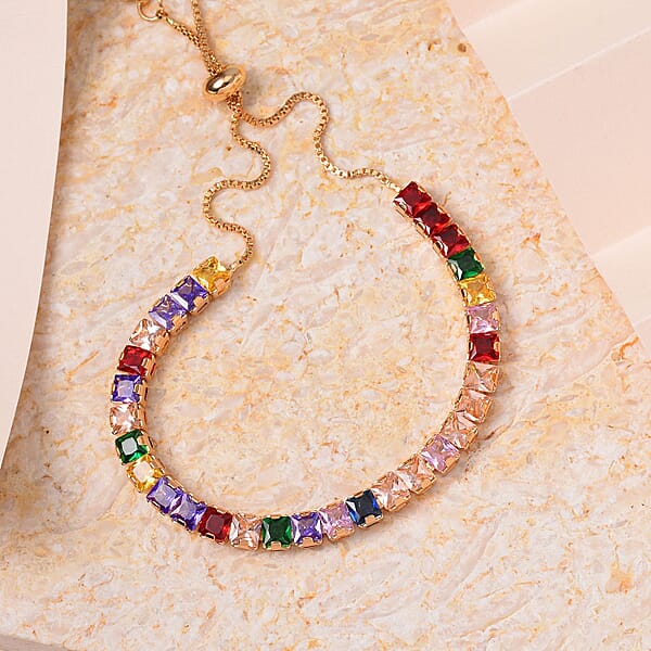 Shop Lc Simulated Multi Color Diamond Bolo Bracelet In Goldtone (6-9In)