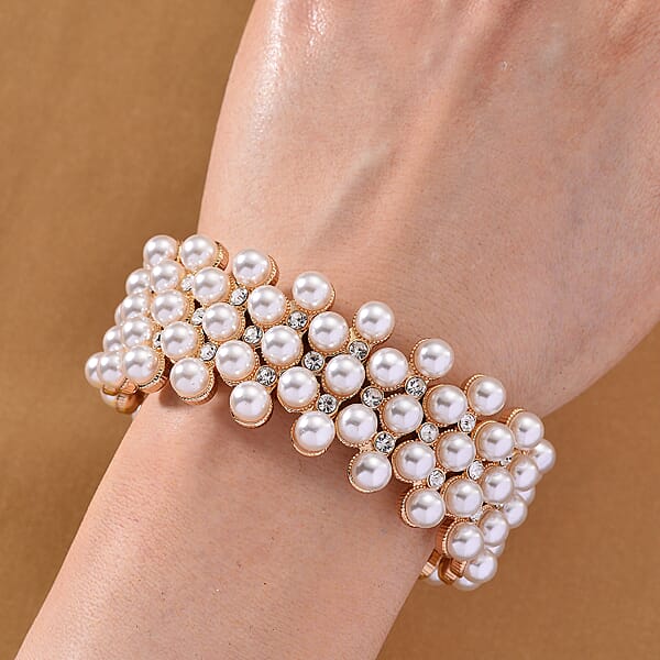 Shop Lc Simulated Pearl Austrian Crystal Bangle Bracelet In Goldtone (6.50-7.0In)