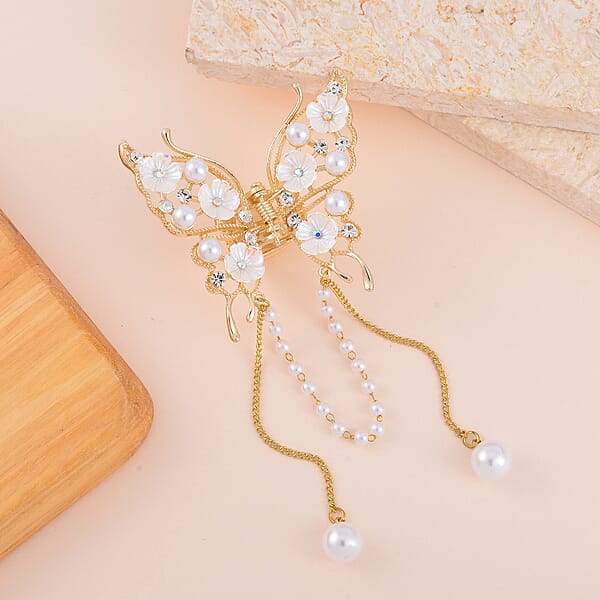 Shop Lc Simulated Pearl Austrian Crystal Resin Butterfly Hair Pin In Goldtone