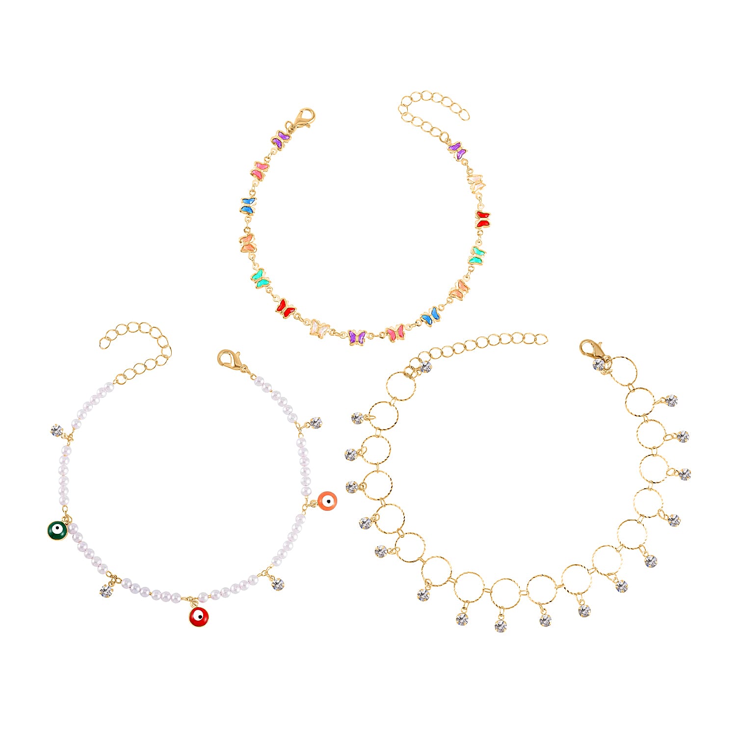 shop lc Simulated Pearl Resin and Austrian Crystal Set of 3 Flower Evil Eye & Butterfly Anklet in Goldtone (9-11In & 8.5-10.5In)