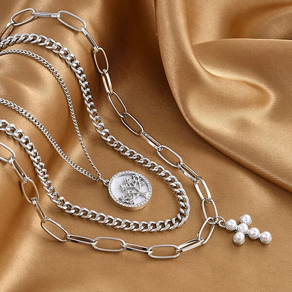 Shop Lc Simulated Pearl Resin Austrian Crystal Three Layered Paperclip Necklace With Tree Of Life & Cross Charm In Silvertone 20.5-22.5 Inches