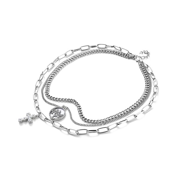 Shop Lc Simulated Pearl Resin Austrian Crystal Three Layered Paperclip Necklace With Tree Of Life & Cross Charm In Silvertone 20.5-22.5 Inches