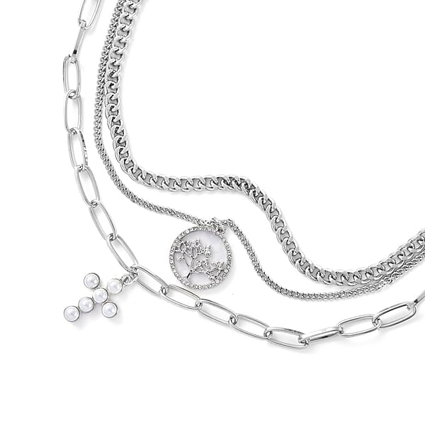 Shop Lc Simulated Pearl Resin Austrian Crystal Three Layered Paperclip Necklace With Tree Of Life & Cross Charm In Silvertone 20.5-22.5 Inches