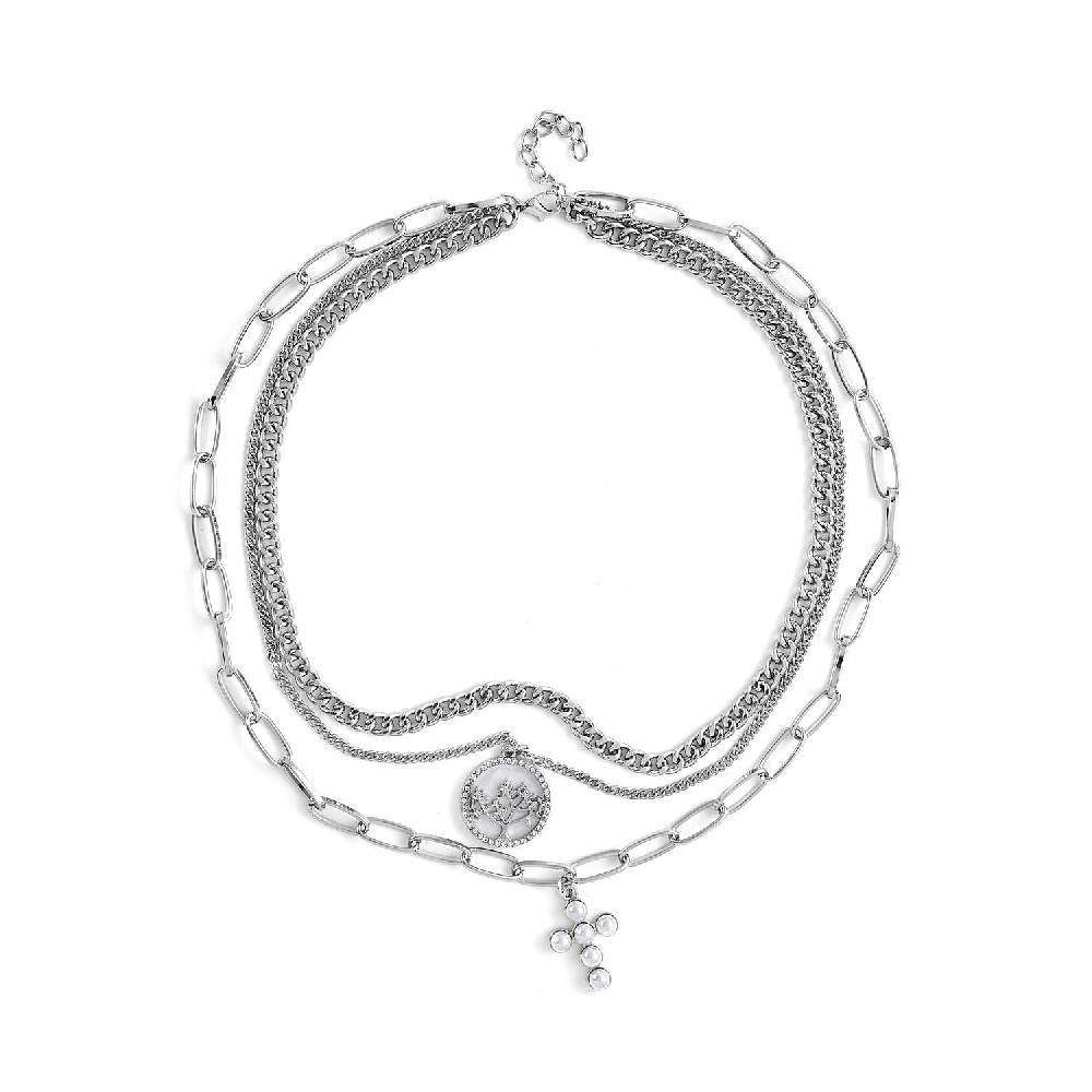 shop lc Simulated Pearl Resin Austrian Crystal Three Layered Paperclip Necklace with Tree of Life & Cross Charm in Silvertone 20.5-22.5 Inches