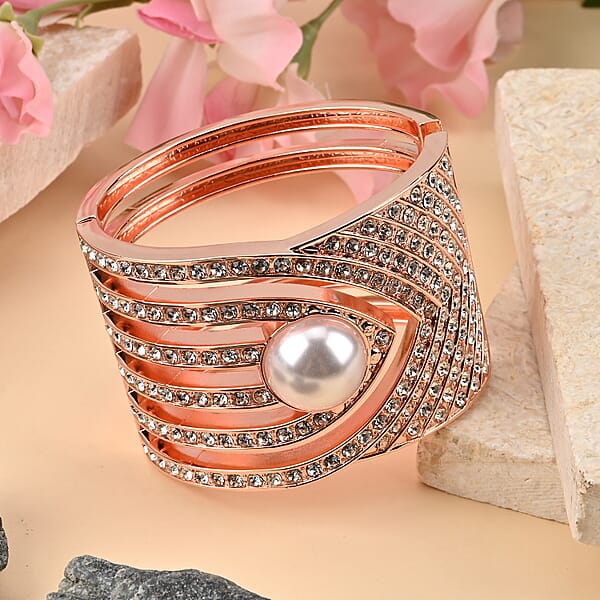 Shop Lc Simulated Pearl White Austrian Crystal Bangle Bracelet In Rosetone (6.25 In)