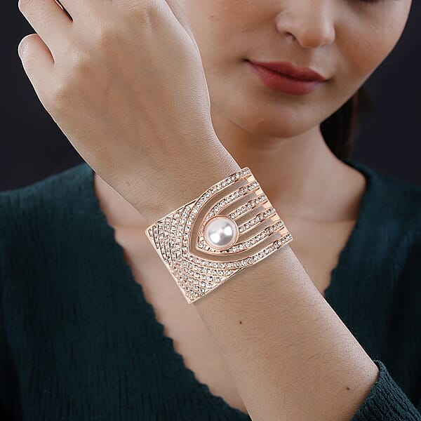 Shop Lc Simulated Pearl White Austrian Crystal Bangle Bracelet In Rosetone (6.25 In)