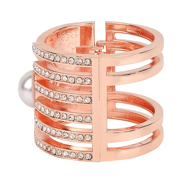 Shop Lc Simulated Pearl White Austrian Crystal Bangle Bracelet In Rosetone (6.25 In)