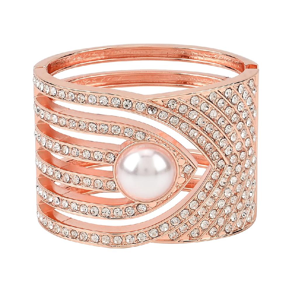 shop lc Simulated Pearl White Austrian Crystal Bangle Bracelet in Rosetone (6.25 In)
