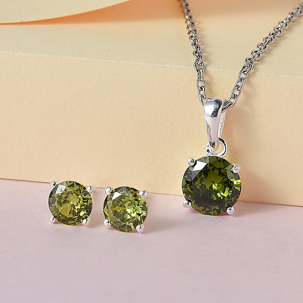 Shop Lc Simulated Peridot Diamond Solitaire Stud Earrings And Pendant In Sterling Silver With Stainless Steel Necklace 20 Inches