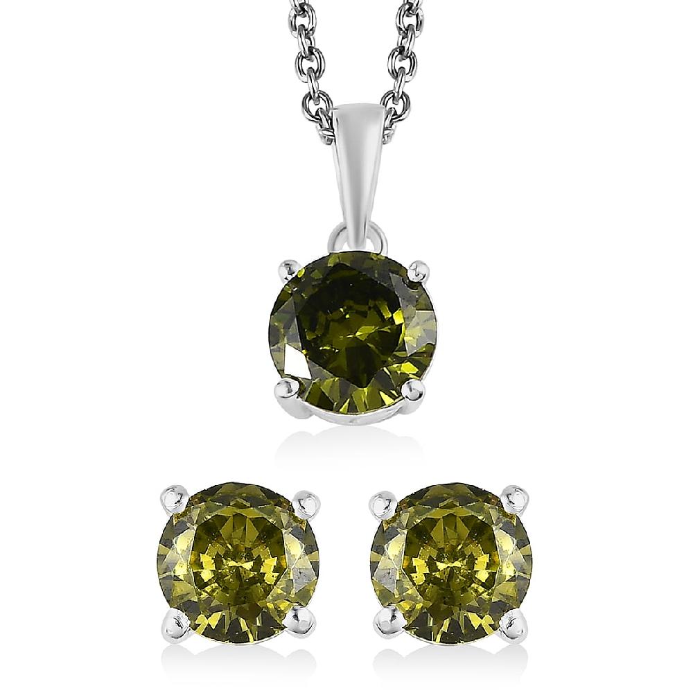 shop lc Simulated Peridot Diamond Solitaire Stud Earrings and Pendant in Sterling Silver with Stainless Steel Necklace 20 Inches