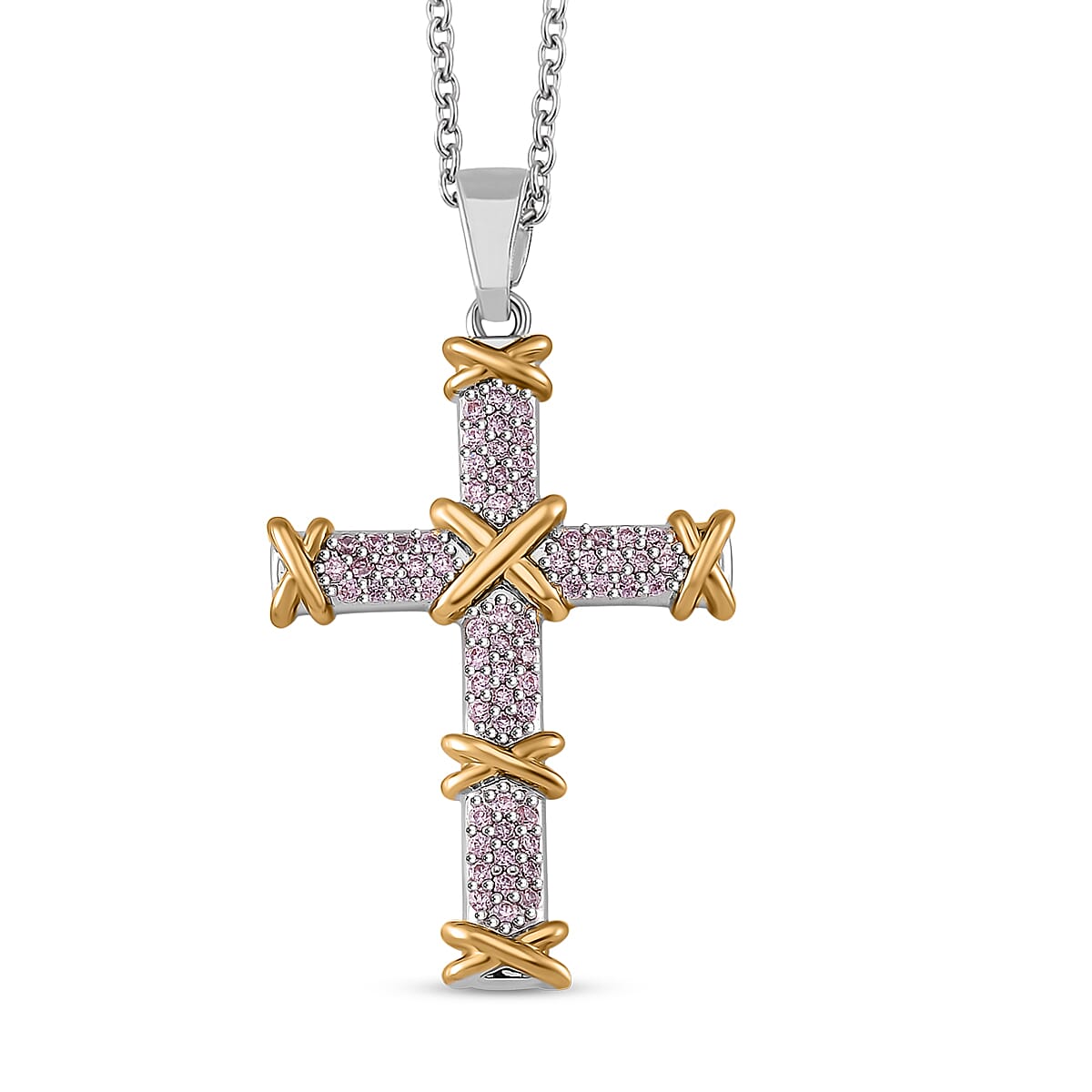 shop lc Simulated Pink Diamond 3.50 ctw XOXO Cross Necklace 20-22 Inches in Dualtone