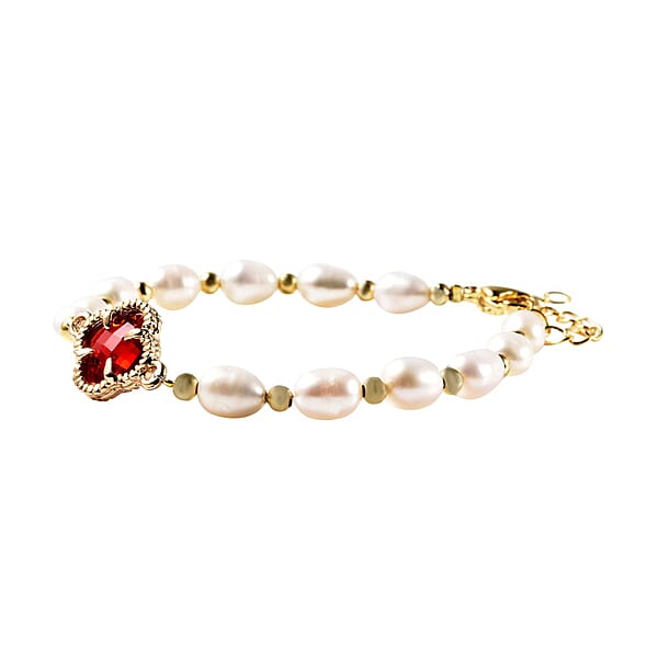 Shop Lc Simulated Ruby And White Freshwater Pearl Bracelet With Four Clover Leaf Charm In Goldtone Lobster Clasp (7.5-9.5-In)