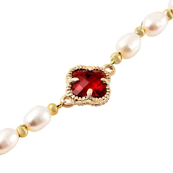 Shop Lc Simulated Ruby And White Freshwater Pearl Bracelet With Four Clover Leaf Charm In Goldtone Lobster Clasp (7.5-9.5-In)