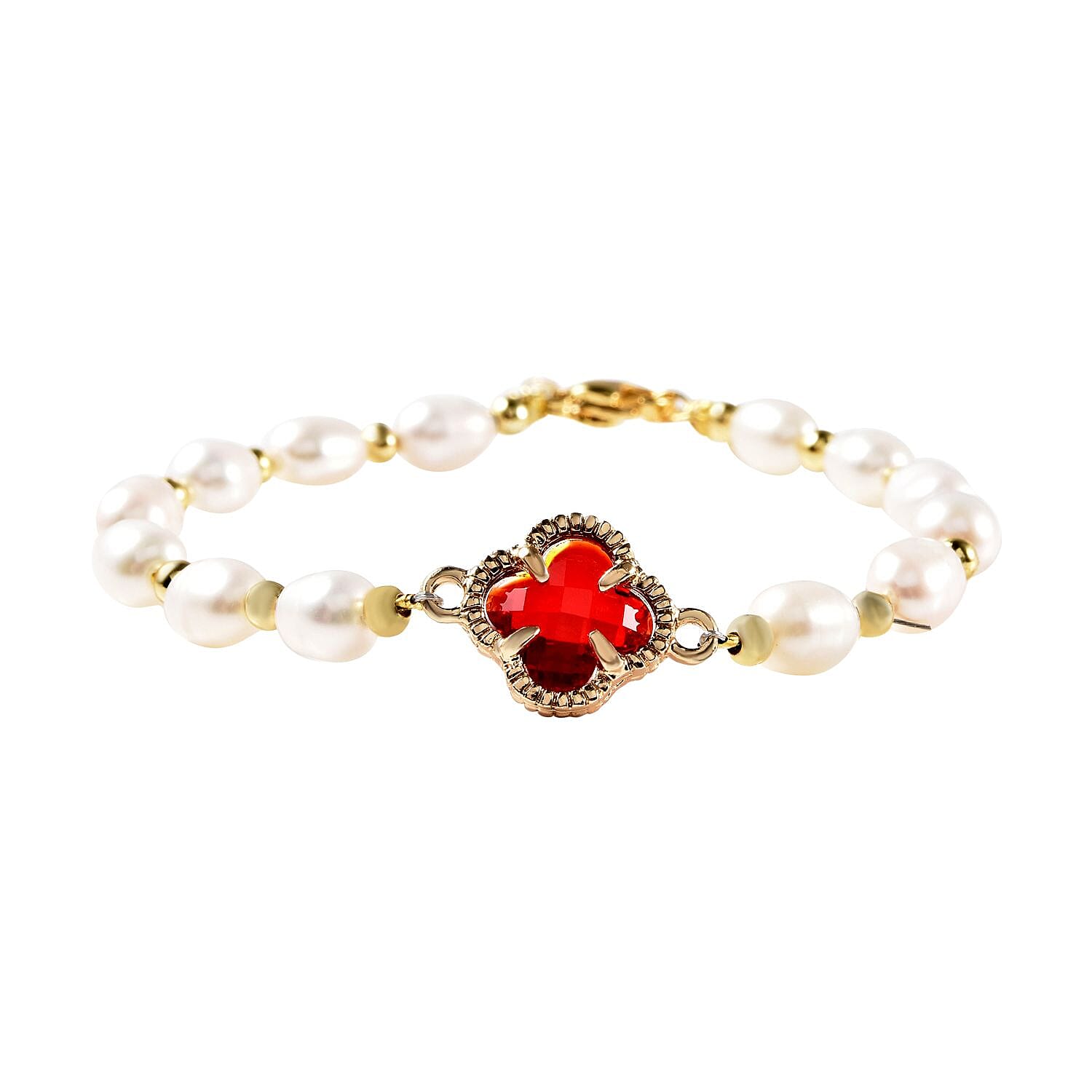 shop lc Simulated Ruby and White Freshwater Pearl Bracelet With Four Clover Leaf Charm in Goldtone Lobster Clasp (7.5-9.5-In)