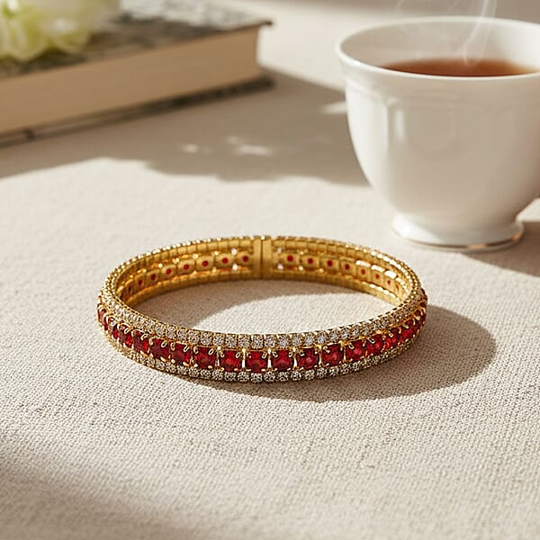 Shop Lc Simulated Ruby Color And White Diamond Cuff Bracelet In Goldtone (7.0 In)