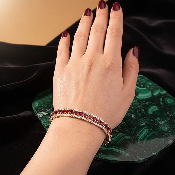 Shop Lc Simulated Ruby Color And White Diamond Cuff Bracelet In Goldtone (7.0 In)