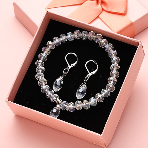 Shop Lc Simulated White Mystic Color Topaz Beaded Bracelet (7-7.5In) And Drop Earrings In Silvertone & Stainless Steel