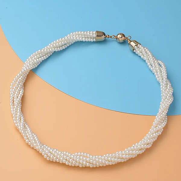 Shop Lc Simulated White Pearl Multi Row Twisted Necklace In Goldtone 23 Inches