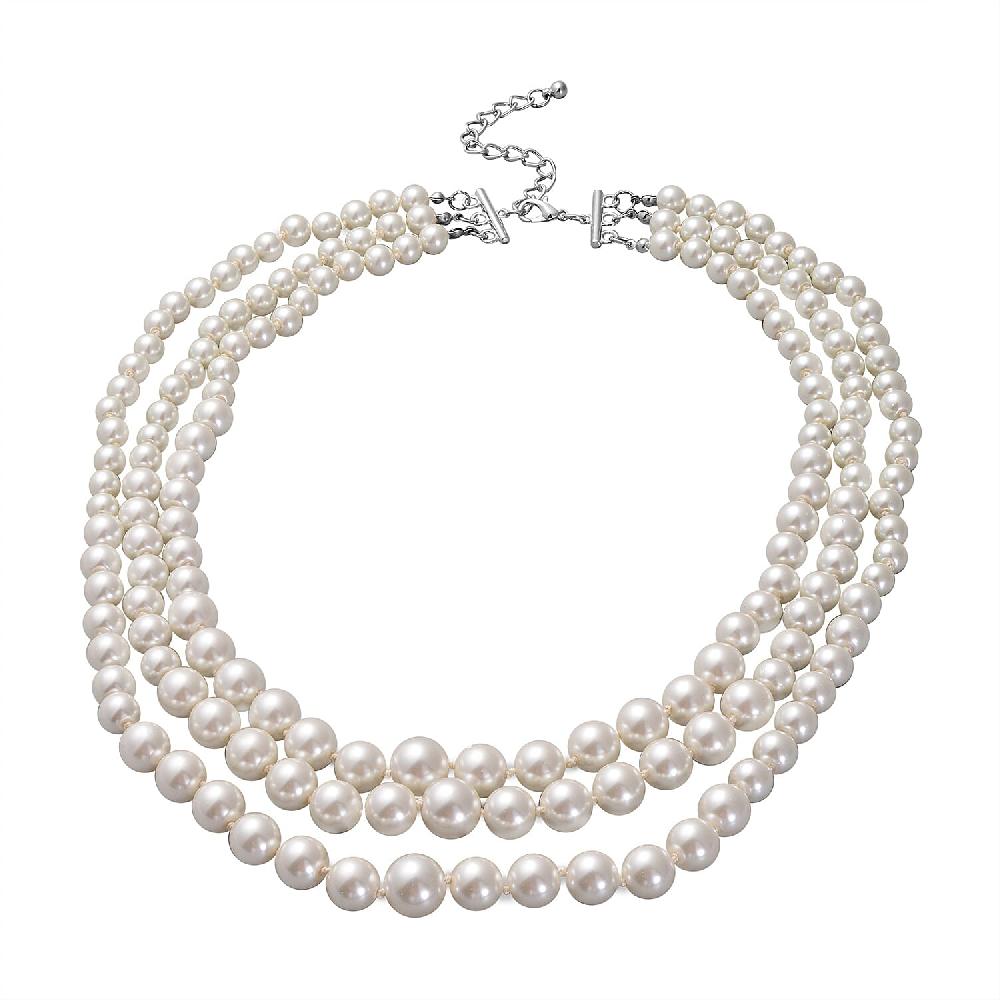 shop lc Simulated White Pearl Triple Row Necklace 23-27 Inches in Silvertone