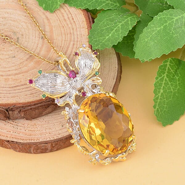 Shop Lc Simulated Yellow Sapphire Simulated Multi Color Diamond Pendant Necklace In Goldtone And ION Plated YG Stainless Steel 20 Inches Tarnish-Free Waterproof Sweat Proof Jewelry