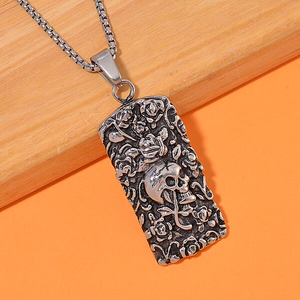 Shop Lc Skull And Rose Pendant Necklace In Black Oxidized And Stainless Steel 24 Inches