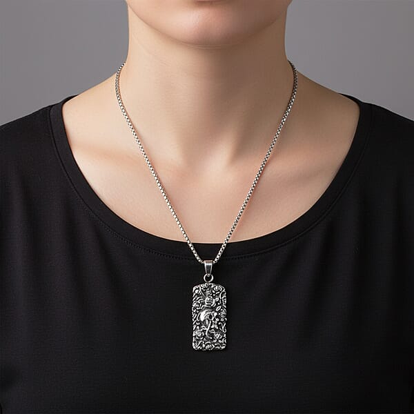 Shop Lc Skull And Rose Pendant Necklace In Black Oxidized And Stainless Steel 24 Inches