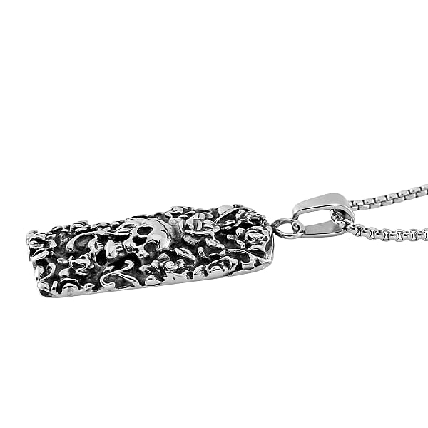 Shop Lc Skull And Rose Pendant Necklace In Black Oxidized And Stainless Steel 24 Inches