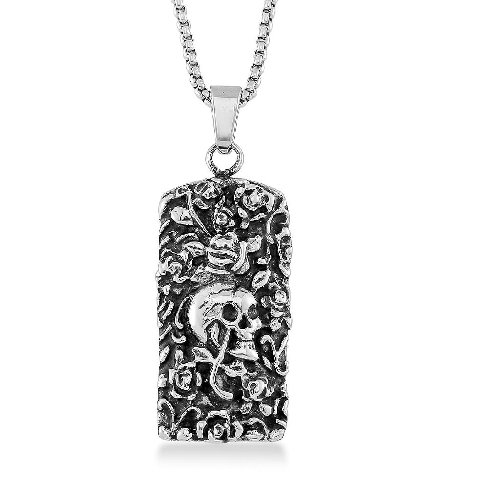 shop lc Skull and Rose Pendant Necklace in Black Oxidized and Stainless Steel 24 Inches