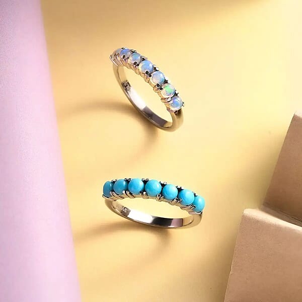Shop Lc Sleeping Beauty Turquoise And Ethiopian Welo Opal 1.30 Ctw Ring Stackable Wedding Band Ring 7 Stone Promise Rings For Women In Stainless Steel