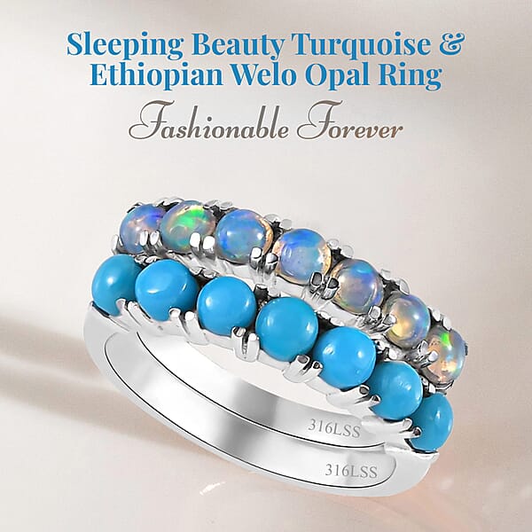 Shop Lc Sleeping Beauty Turquoise And Ethiopian Welo Opal 1.30 Ctw Ring Stackable Wedding Band Ring 7 Stone Promise Rings For Women In Stainless Steel