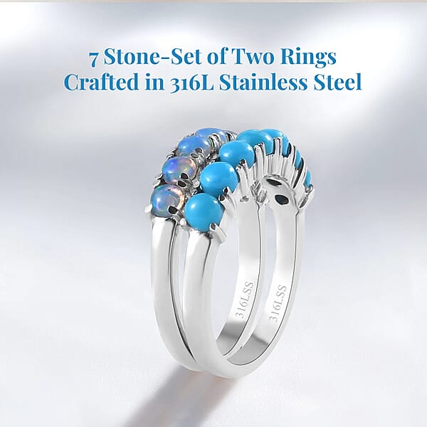 Shop Lc Sleeping Beauty Turquoise And Ethiopian Welo Opal 1.30 Ctw Ring Stackable Wedding Band Ring 7 Stone Promise Rings For Women In Stainless Steel