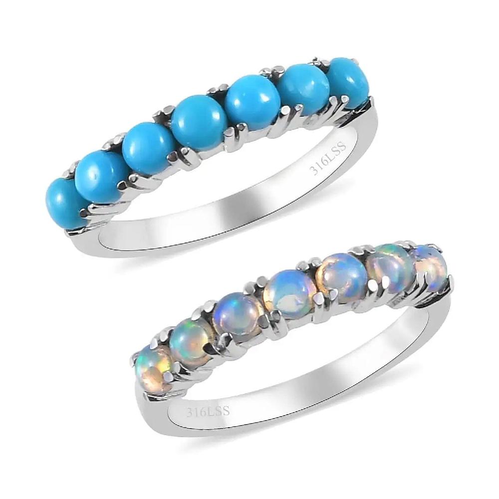 shop lc Sleeping Beauty Turquoise and Ethiopian Welo Opal 1.30 ctw Ring Stackable Wedding Band Ring 7 Stone Promise Rings For Women in Stainless Steel