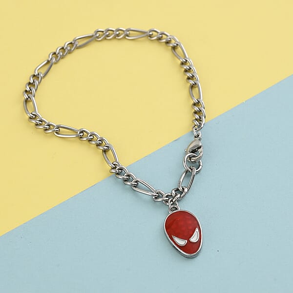 Shop Lc Spider-Man Figaro Red Enamel Face Bracelet In Silvertone (7.00 In)