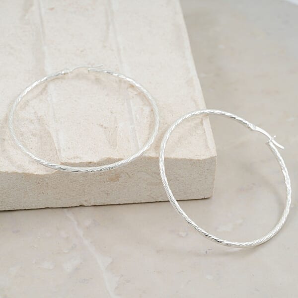 Shop Lc Sterling Silver 50mm X 1.9mm Twisted Lines Hoop Earrings 5 Grams