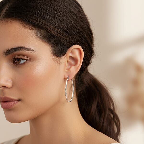 Shop Lc Sterling Silver 60mm X 3mm Station Groove Hoop Earrings 9.60 Grams