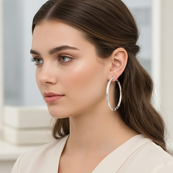 Shop Lc Sterling Silver Station Groove Hoop Earrings (12.6 Grams 60x4mm)