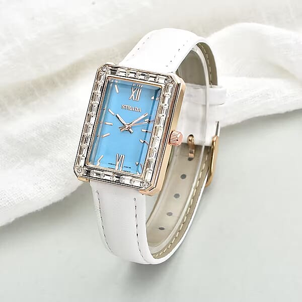 Shop Lc Strada Austrian Crystal Japanese Movement Simulated Turquoise Dial Watch With White Faux Leather Strap (33x26mm) (7.0-8.0Inches)