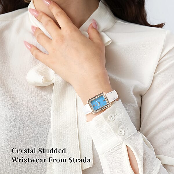 Shop Lc Strada Austrian Crystal Japanese Movement Simulated Turquoise Dial Watch With White Faux Leather Strap (33x26mm) (7.0-8.0Inches)