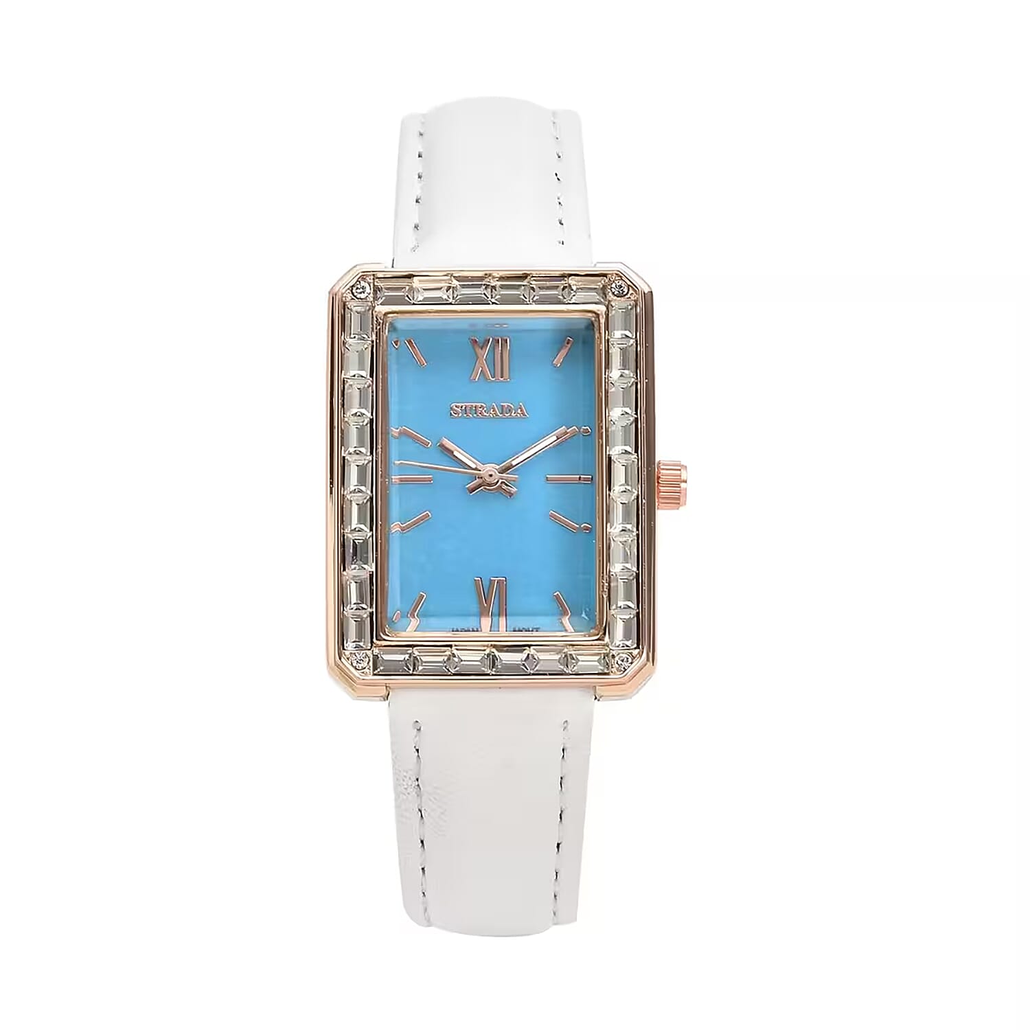 shop lc Strada Austrian Crystal Japanese Movement Simulated Turquoise Dial Watch with White Faux Leather Strap (33x26mm) (7.0-8.0Inches)
