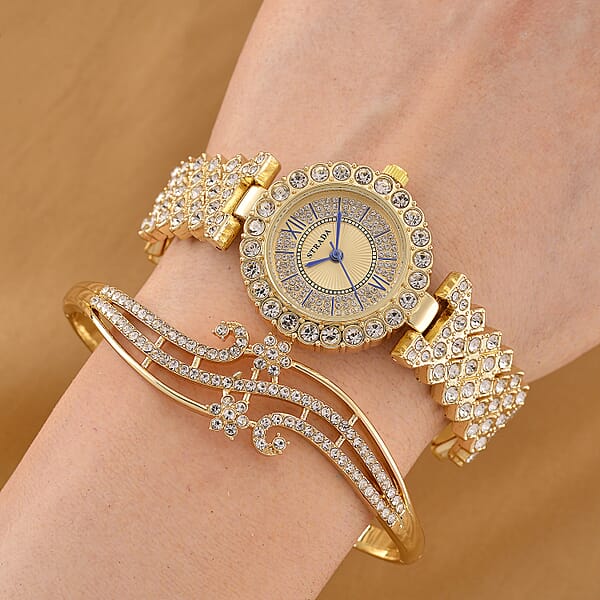 Shop Lc Strada Austrian Crystal Japanese Movement Watch And Bangle Bracelet (7.5 In) In Goldtone