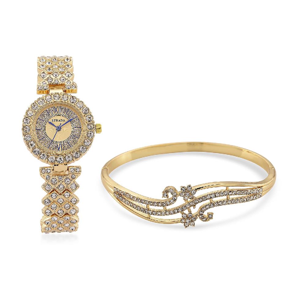 shop lc Strada Austrian Crystal Japanese Movement Watch and Bangle Bracelet (7.5 In) in Goldtone