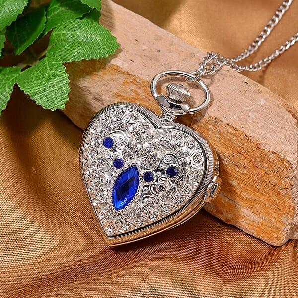 Shop Lc Strada Blue Glass Multi Color Austrian Crystal Japanese Movement Heart Shaped Pocket Watch With Chain (31 Inches) In Silvertone