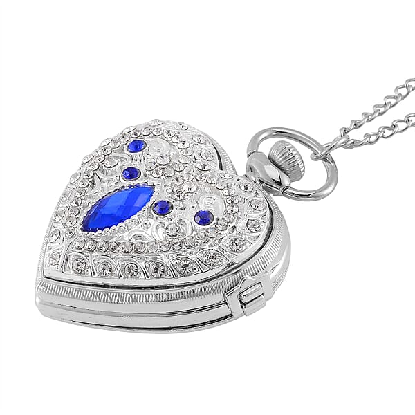 Shop Lc Strada Blue Glass Multi Color Austrian Crystal Japanese Movement Heart Shaped Pocket Watch With Chain (31 Inches) In Silvertone