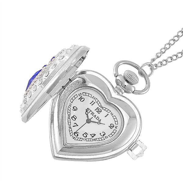 Shop Lc Strada Blue Glass Multi Color Austrian Crystal Japanese Movement Heart Shaped Pocket Watch With Chain (31 Inches) In Silvertone