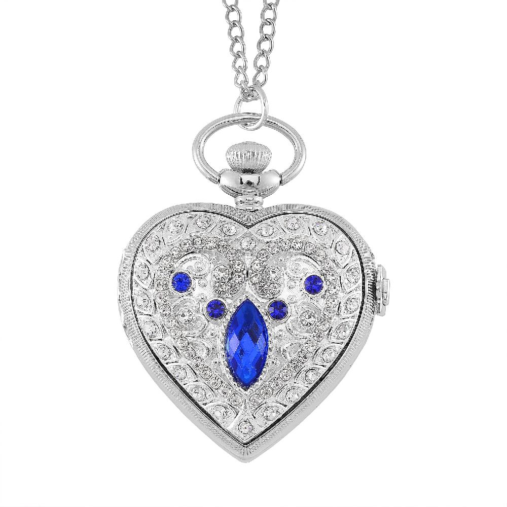 shop lc Strada Blue Glass Multi Color Austrian Crystal Japanese Movement Heart Shaped Pocket Watch with Chain (31 Inches) in Silvertone